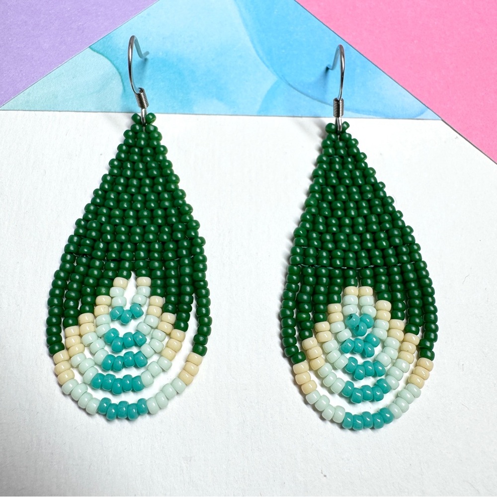 Hunter Green Turquoise Tear Drop Seed Bead Earrings 1.75” Drop Handmade
